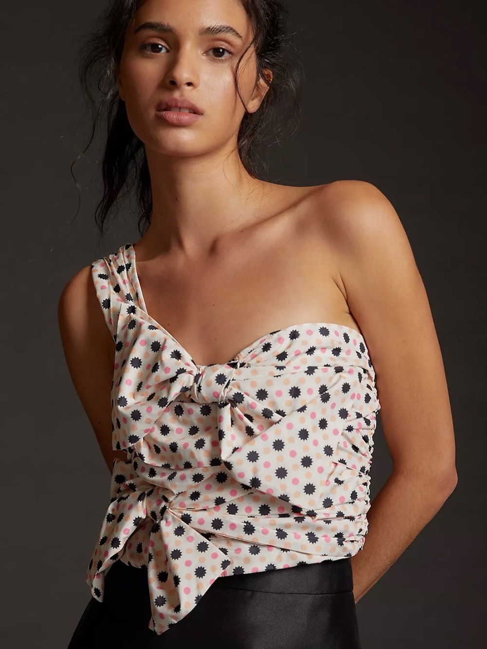 Anthropologie || Maeve Starburst Dot One-Shoulder Top in Cream, Black & Pink